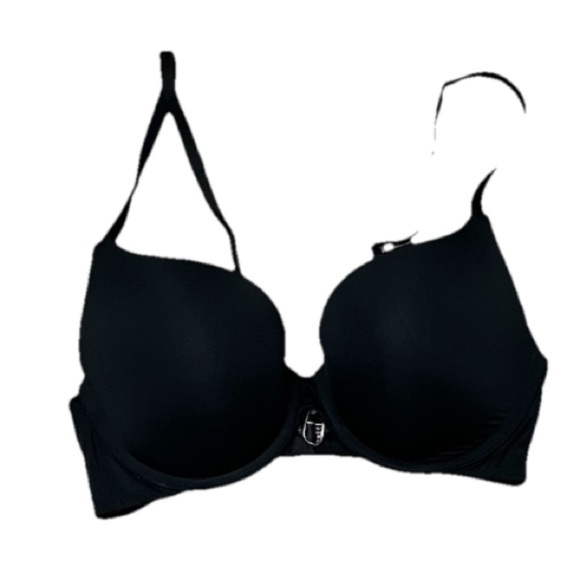 THE T-SHIRT Pointelle Logo Perfect Shape Push-Up Bra Black 34C Goth Grunge Bike - Picture 2 of 7